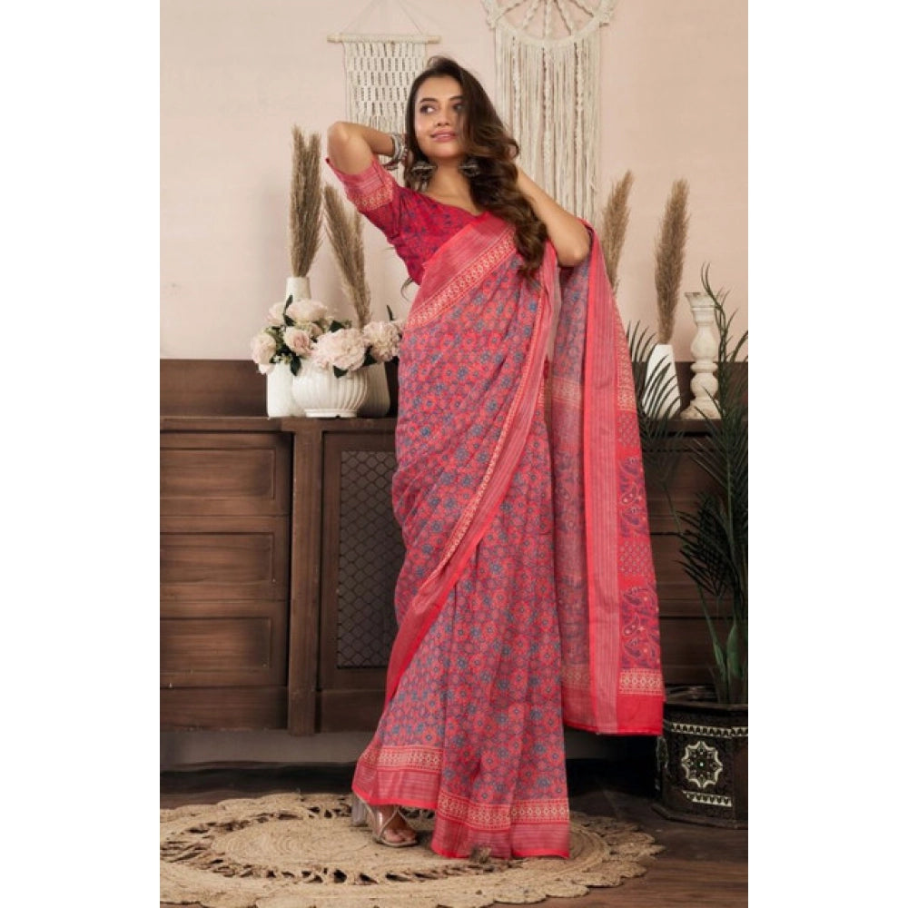 Women's Faux Linen Geometric Print Ready to wear Saree With Unstitched Blouse 5.5Mtr (Red)