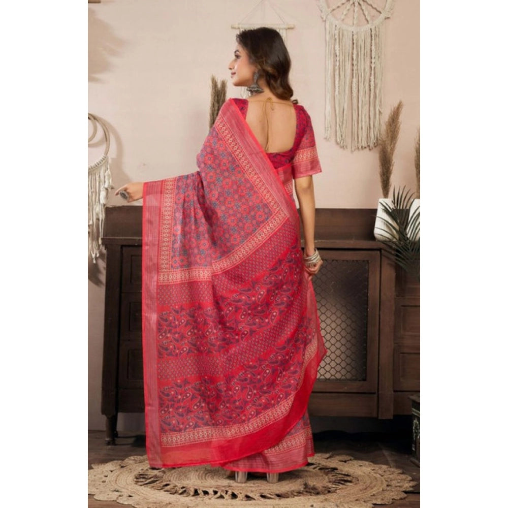 Women's Faux Linen Geometric Print Ready to wear Saree With Unstitched Blouse 5.5Mtr (Red)