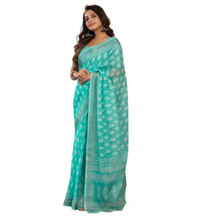 Generic Women's Faux Linen Leaf Print Ready to wear Saree With Unstitched Blouse 5.5Mtr (SeaGreen)