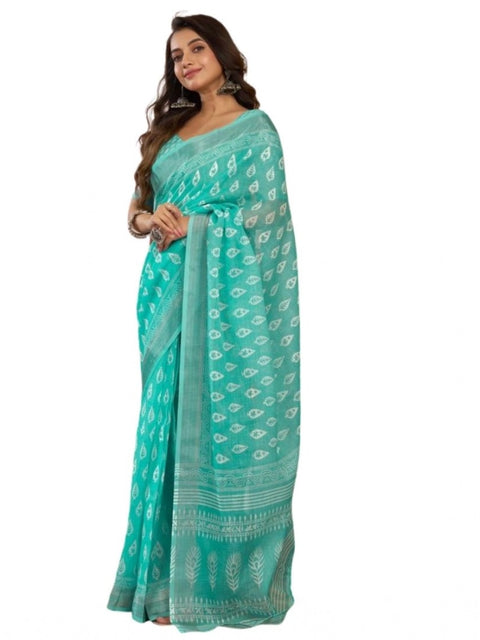 Generic Women's Faux Linen Leaf Print Ready to wear Saree With Unstitched Blouse 5.5Mtr (SeaGreen)