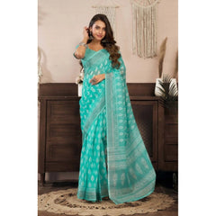 Women's Faux Linen Leaf Print Ready to wear Saree With Unstitched Blouse 5.5Mtr (SeaGreen)