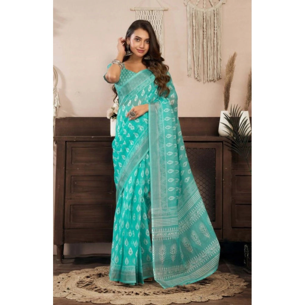 Women's Faux Linen Leaf Print Ready to wear Saree With Unstitched Blouse 5.5Mtr (SeaGreen)