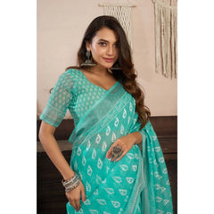 Women's Faux Linen Leaf Print Ready to wear Saree With Unstitched Blouse 5.5Mtr (SeaGreen)