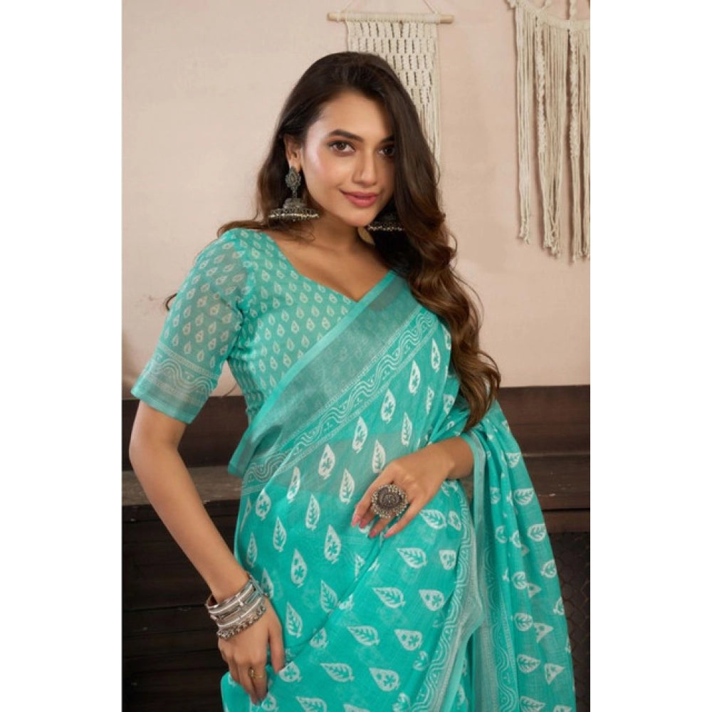 Women's Faux Linen Leaf Print Ready to wear Saree With Unstitched Blouse 5.5Mtr (SeaGreen)