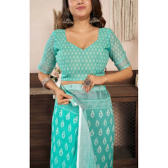 Women's Faux Linen Leaf Print Ready to wear Saree With Unstitched Blouse 5.5Mtr (SeaGreen)