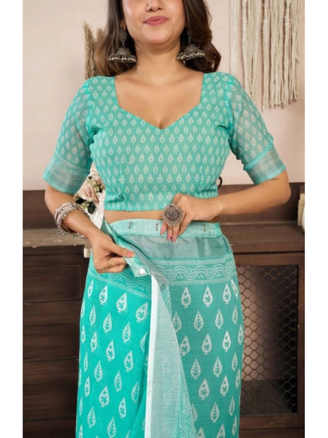 Women's Faux Linen Leaf Print Ready to wear Saree With Unstitched Blouse 5.5Mtr (SeaGreen)