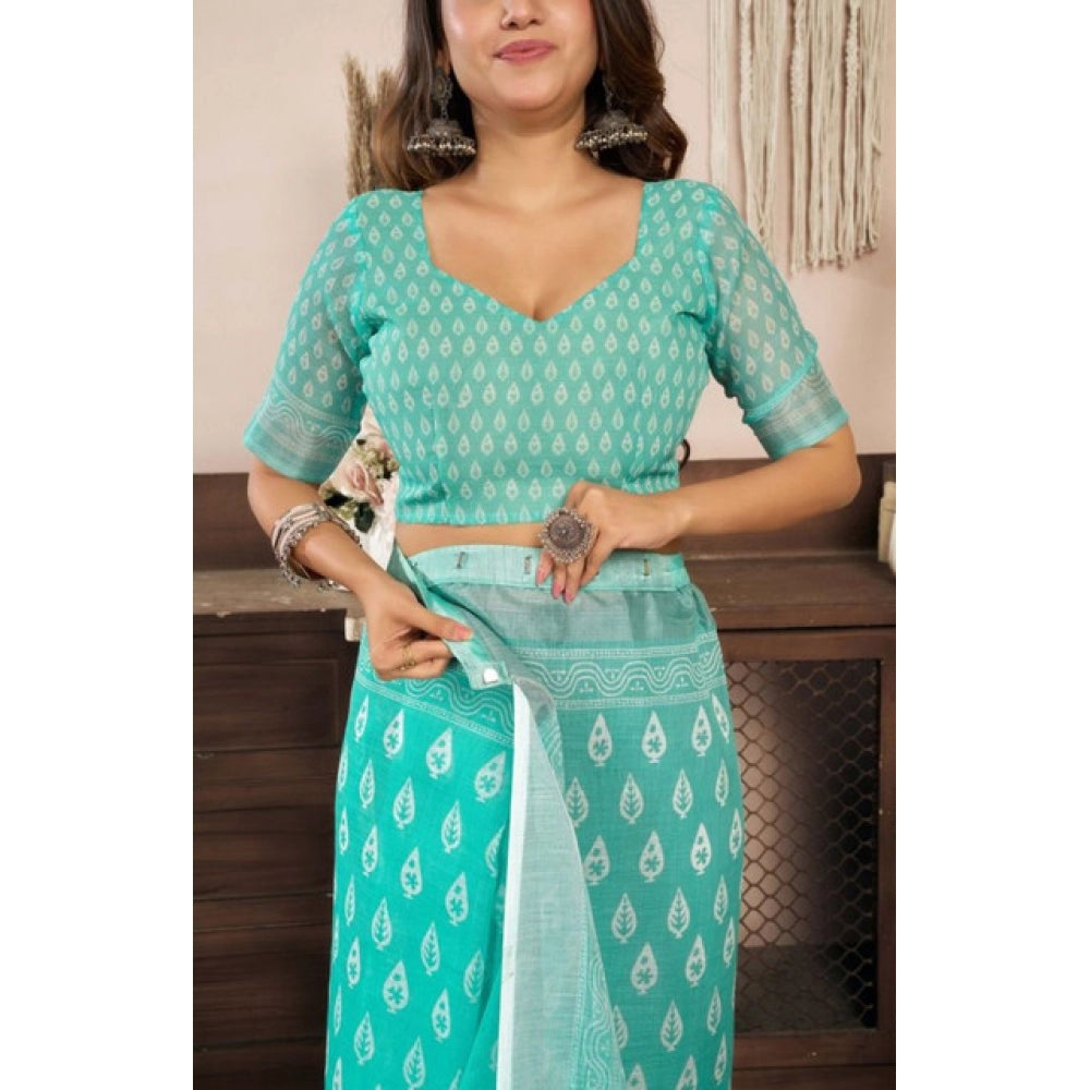 Women's Faux Linen Leaf Print Ready to wear Saree With Unstitched Blouse 5.5Mtr (SeaGreen)