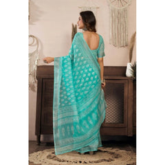 Women's Faux Linen Leaf Print Ready to wear Saree With Unstitched Blouse 5.5Mtr (SeaGreen)