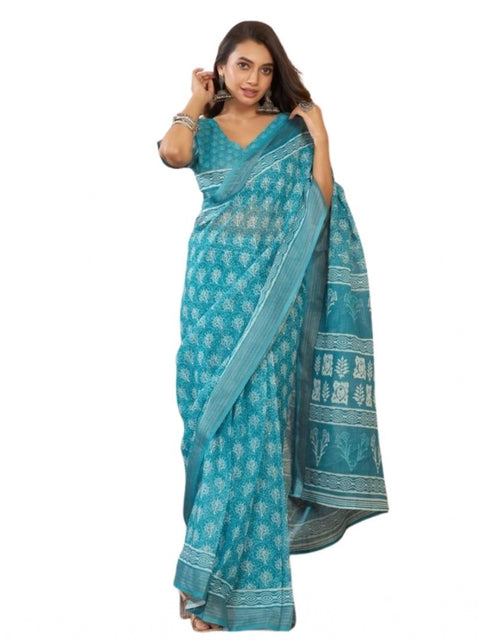 Generic Women's Faux Linen Floral Print Ready to wear Saree With Unstitched Blouse 5.5Mtr (AquaBlue)