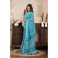 Women's Faux Linen Floral Print Ready to wear Saree With Unstitched Blouse 5.5Mtr (AquaBlue)