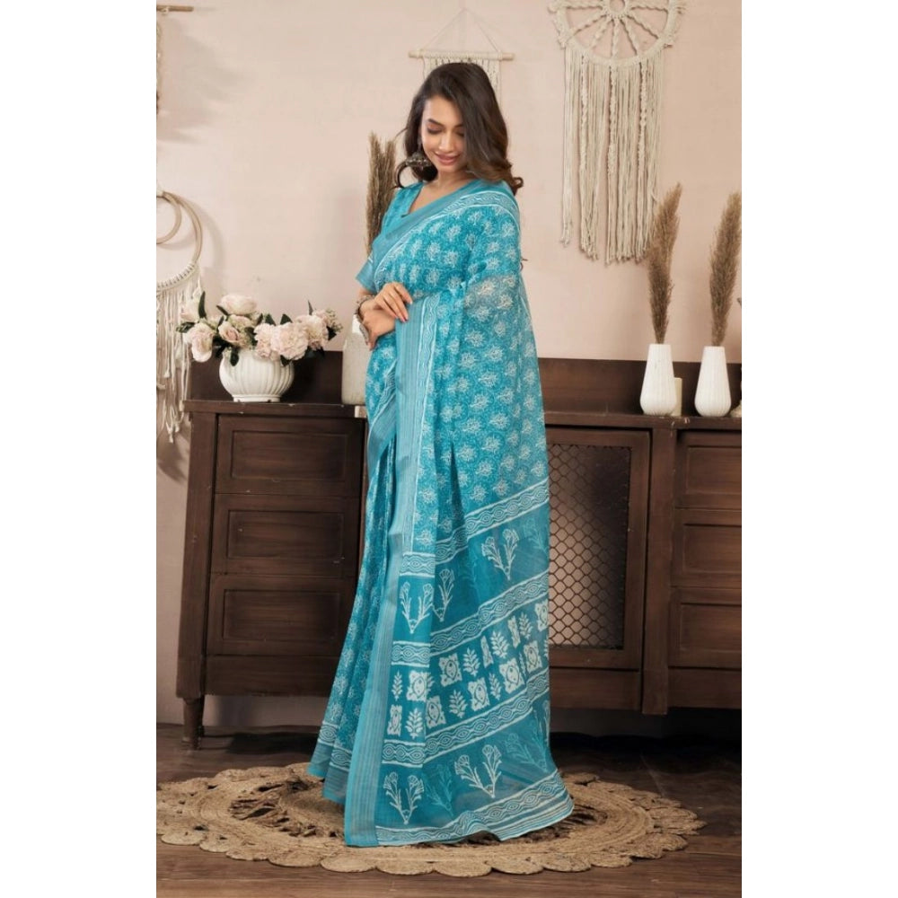 Women's Faux Linen Floral Print Ready to wear Saree With Unstitched Blouse 5.5Mtr (AquaBlue)