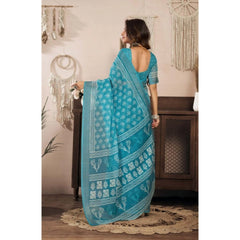 Women's Faux Linen Floral Print Ready to wear Saree With Unstitched Blouse 5.5Mtr (AquaBlue)