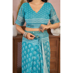 Women's Faux Linen Floral Print Ready to wear Saree With Unstitched Blouse 5.5Mtr (AquaBlue)