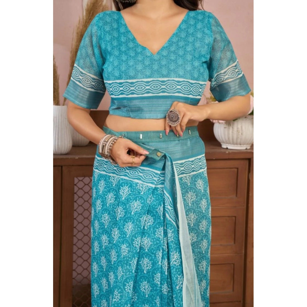 Women's Faux Linen Floral Print Ready to wear Saree With Unstitched Blouse 5.5Mtr (AquaBlue)