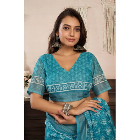 Women's Faux Linen Floral Print Ready to wear Saree With Unstitched Blouse 5.5Mtr (AquaBlue)