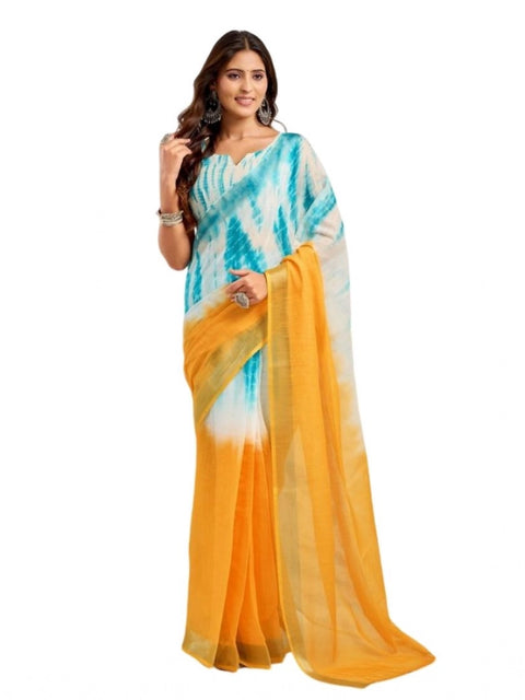 Generic Women's Faux Linen Abstract Print Ready to wear Saree With Unstitched Blouse 5.5Mtr (Multicolor)