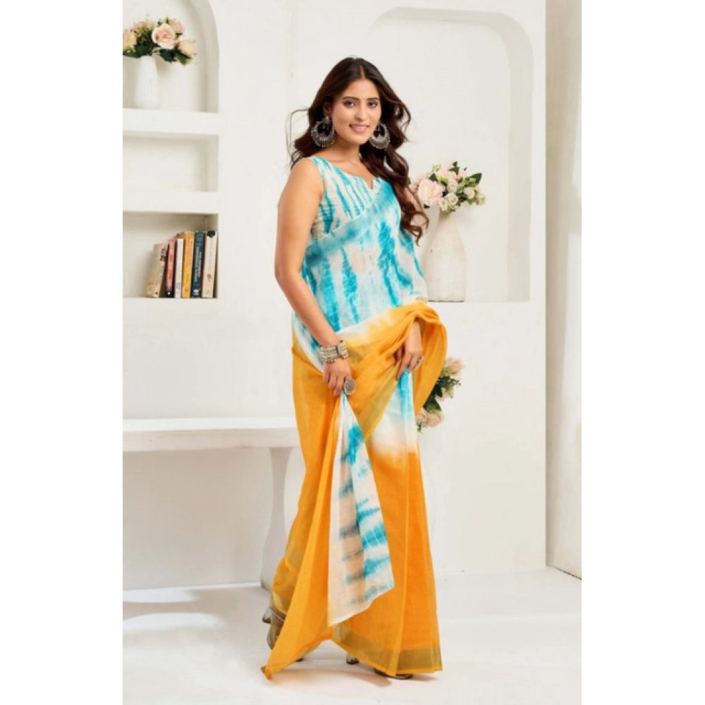 Women's Faux Linen Abstract Print Ready to wear Saree With Unstitched Blouse 5.5Mtr (Multicolor)