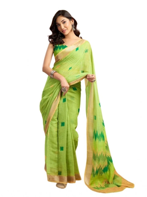 Generic Women's Faux Linen Floral Print Ready to wear Saree With Unstitched Blouse 5.5Mtr (Green)