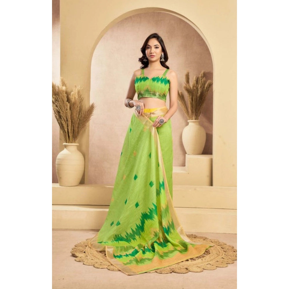 Women's Faux Linen Floral Print Ready to wear Saree With Unstitched Blouse 5.5Mtr (Green)