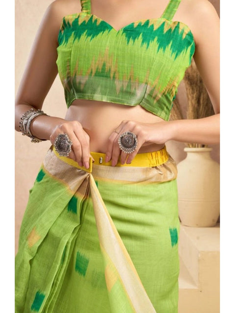 Women's Faux Linen Floral Print Ready to wear Saree With Unstitched Blouse 5.5Mtr (Green)