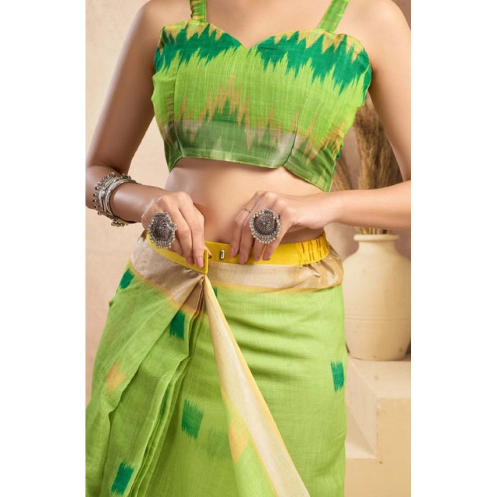 Women's Faux Linen Floral Print Ready to wear Saree With Unstitched Blouse 5.5Mtr (Green)