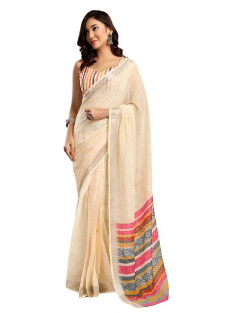 Generic Women's Faux Linen Floral Print Ready to wear Saree With Unstitched Blouse 5.5Mtr (Cream)
