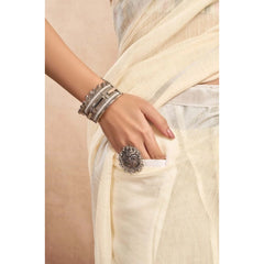 Women's Faux Linen Floral Print Ready to wear Saree With Unstitched Blouse 5.5Mtr (Cream)