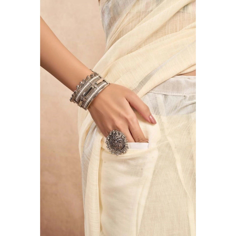 Women's Faux Linen Floral Print Ready to wear Saree With Unstitched Blouse 5.5Mtr (Cream)