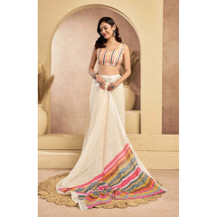 Women's Faux Linen Floral Print Ready to wear Saree With Unstitched Blouse 5.5Mtr (Cream)