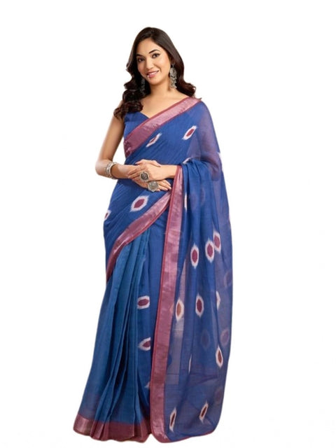 Generic Women's Faux Linen Printed Ready to wear Saree With Unstitched Blouse 5.5Mtr (Blue)