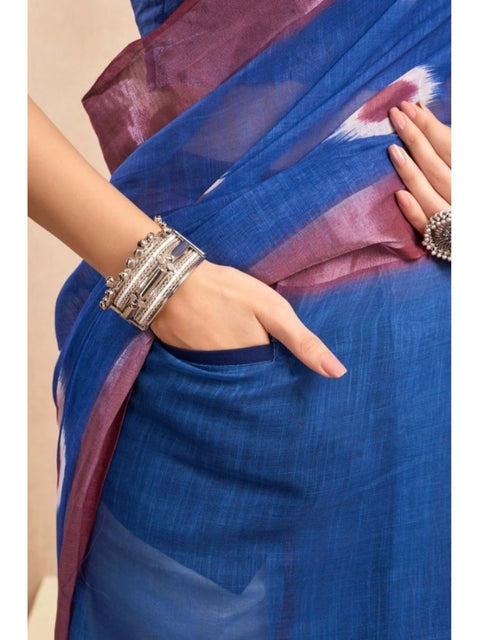 Generic Women's Faux Linen Printed Ready to wear Saree With Unstitched Blouse 5.5Mtr (Blue)