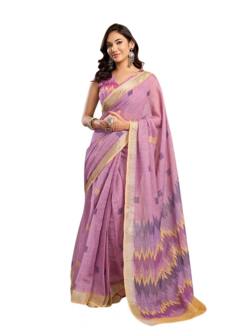 Generic Women's Faux Linen Floral Ready to wear Saree With Unstitched Blouse 5.5Mtr (Lavender)