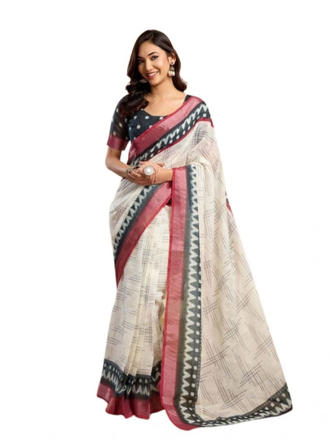 Women's Faux Linen Floral Print Ready to wear Saree With Unstitched Blouse 5.5Mtr (OffWhite)