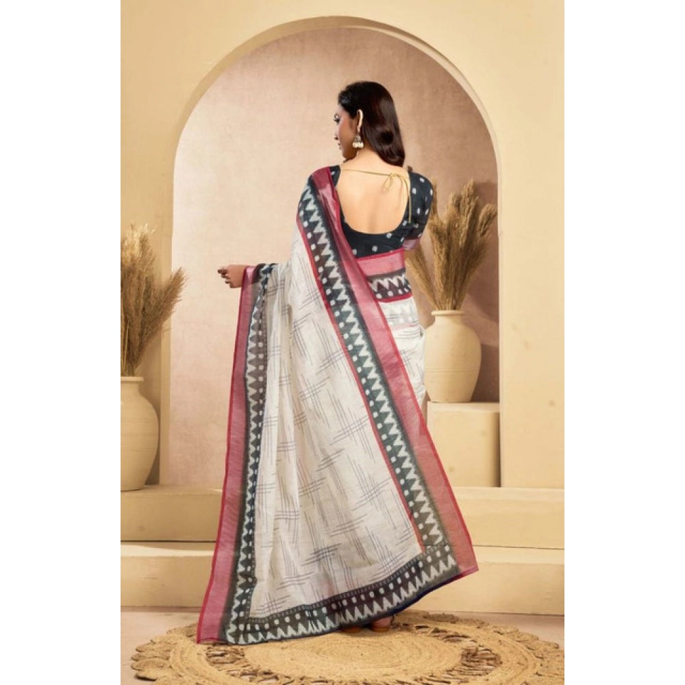 Women's Faux Linen Floral Print Ready to wear Saree With Unstitched Blouse 5.5Mtr (OffWhite)
