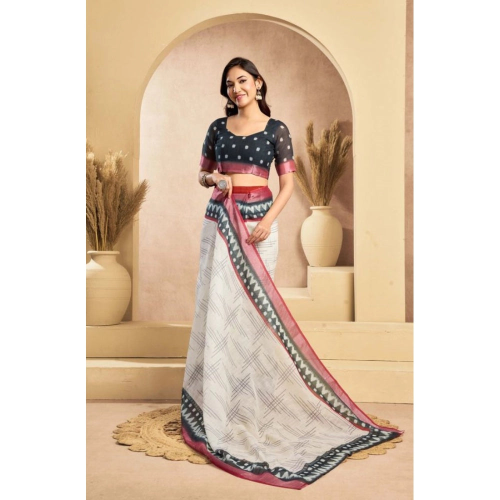Women's Faux Linen Floral Print Ready to wear Saree With Unstitched Blouse 5.5Mtr (OffWhite)