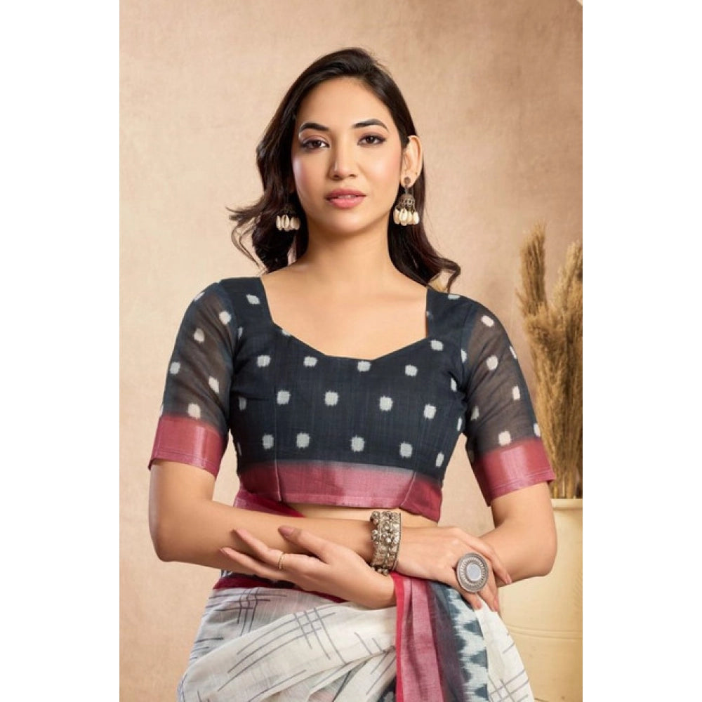 Women's Faux Linen Floral Print Ready to wear Saree With Unstitched Blouse 5.5Mtr (OffWhite)