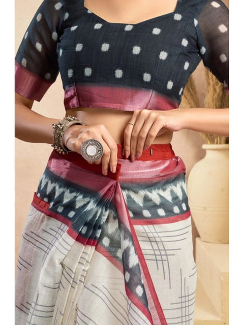 Women's Faux Linen Floral Print Ready to wear Saree With Unstitched Blouse 5.5Mtr (OffWhite)