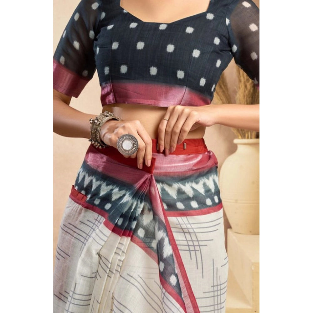 Women's Faux Linen Floral Print Ready to wear Saree With Unstitched Blouse 5.5Mtr (OffWhite)