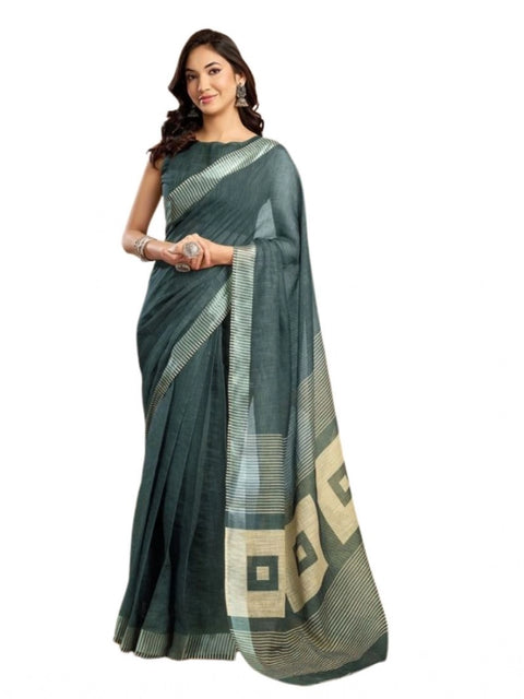 Generic Women's Faux Linen Floral Ready to wear Saree With Unstitched Blouse 5.5Mtr (Light_Teal)