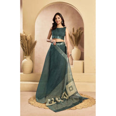 Women's Faux Linen Floral Ready to wear Saree With Unstitched Blouse 5.5Mtr (Light_Teal)