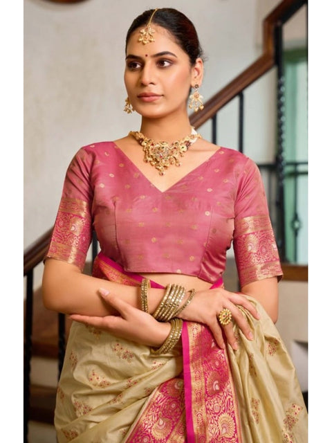 Generic Women's Silk Blend Booti Work Ready to wear Saree With Unstitched Blouse 5.5Mtr (LightBeige)