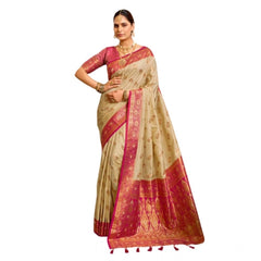 Women's Silk Blend Booti Work Ready to wear Saree With Unstitched Blouse 5.5Mtr (LightBeige)