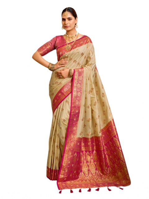 Women's Silk Blend Booti Work Ready to wear Saree With Unstitched Blouse 5.5Mtr (LightBeige)