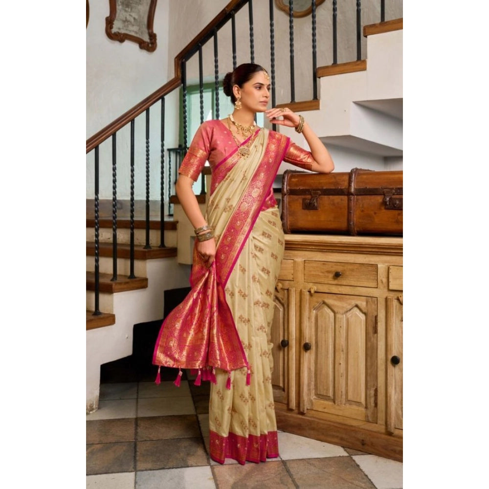 Women's Silk Blend Booti Work Ready to wear Saree With Unstitched Blouse 5.5Mtr (LightBeige)