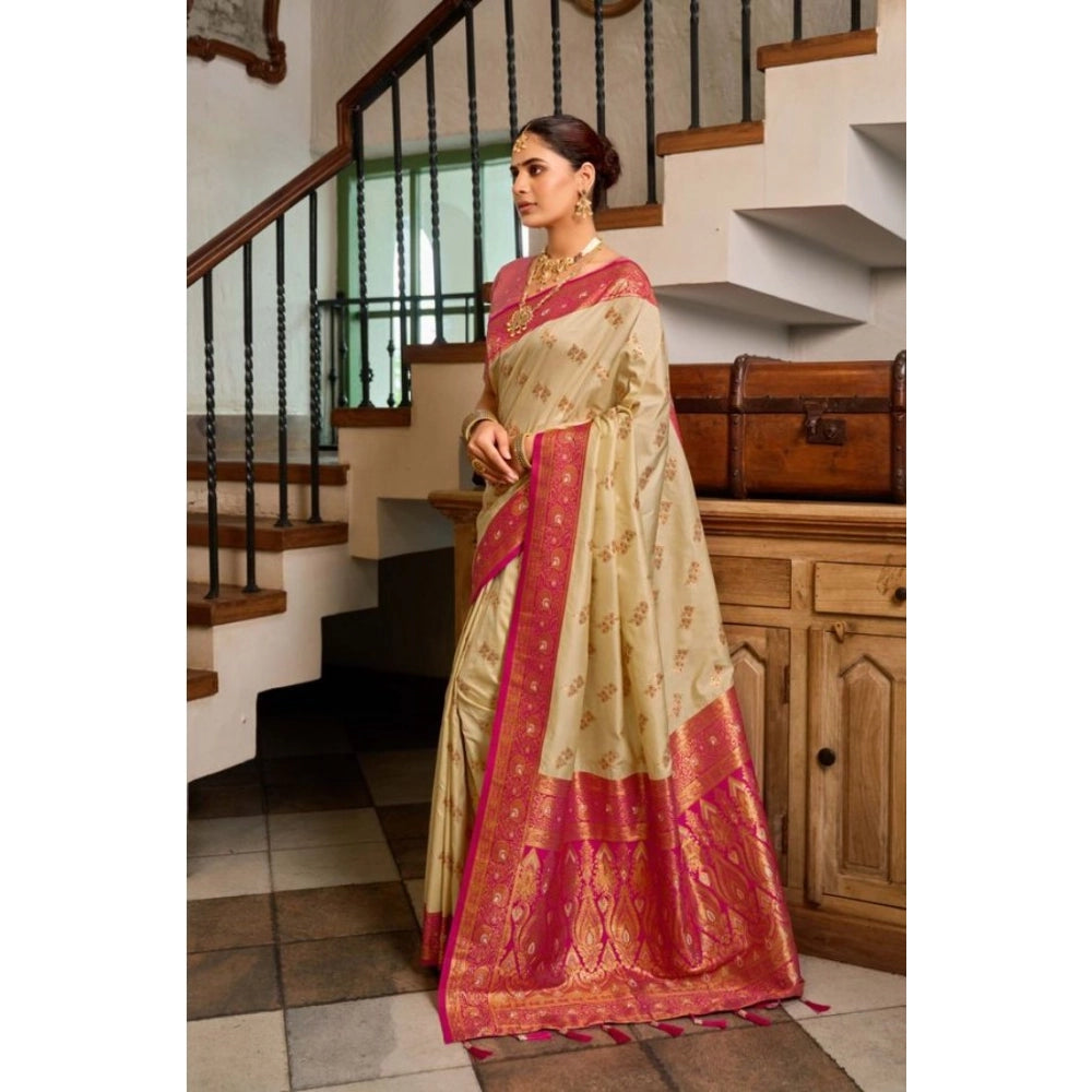 Women's Silk Blend Booti Work Ready to wear Saree With Unstitched Blouse 5.5Mtr (LightBeige)