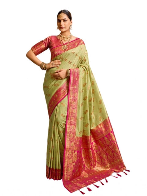 Generic Women's Silk Blend Booti Work Ready to wear Saree With Unstitched Blouse 5.5Mtr (Green)