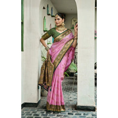 Women's Silk Blend Booti Work Ready to wear Saree With Unstitched Blouse 5.5Mtr (LightPink)