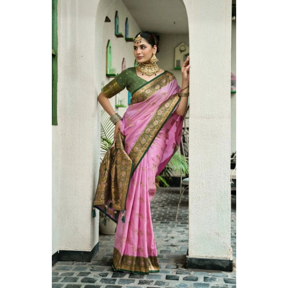 Women's Silk Blend Booti Work Ready to wear Saree With Unstitched Blouse 5.5Mtr (LightPink)