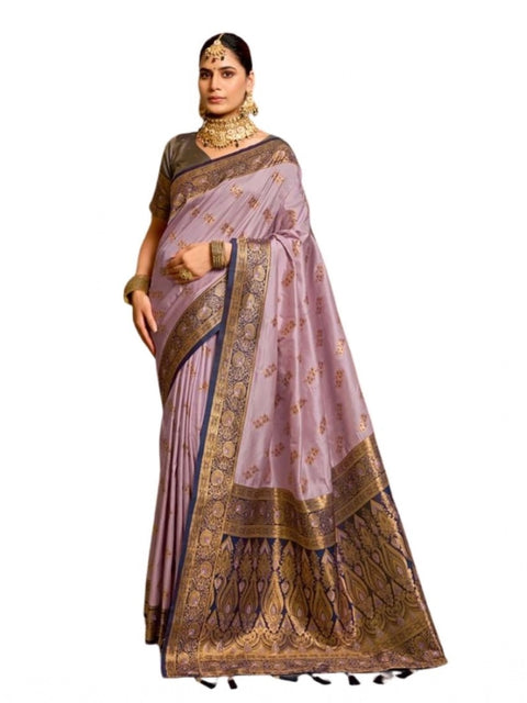Generic Women's Silk Blend Booti Work Ready to wear Saree With Unstitched Blouse 5.5Mtr (Lavender)