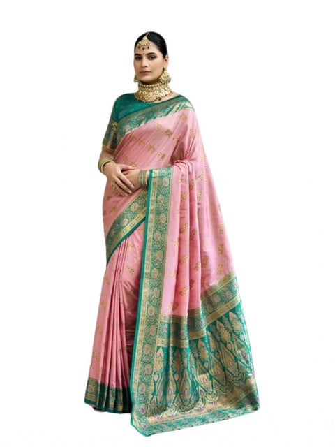 Generic Women's Silk Blend Booti Work Ready to wear Saree With Unstitched Blouse 5.5Mtr (Peach)